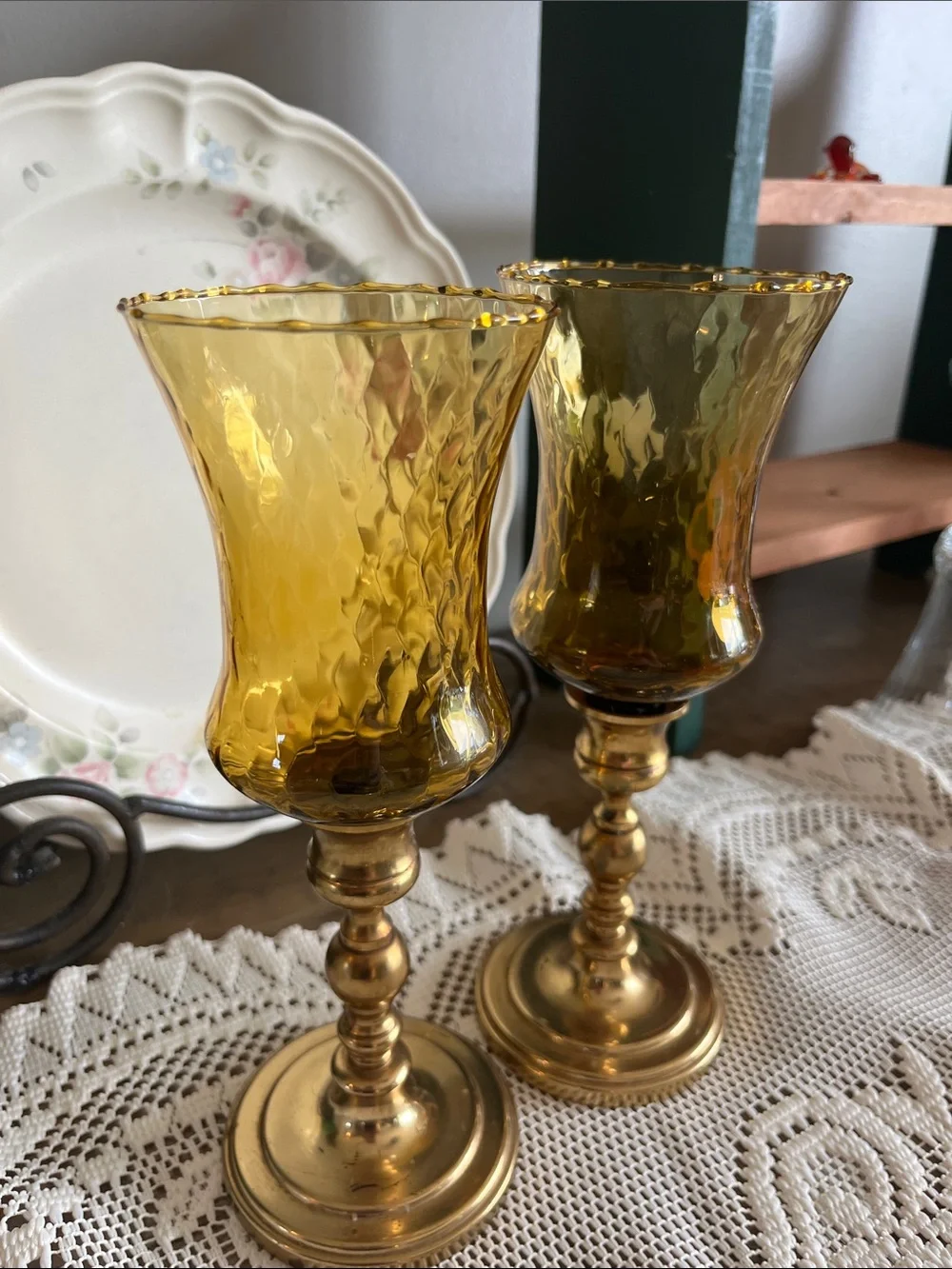 Set Of 2 Homco Vintage Candle Holders Amber Glass Honeycomb Votive Cups Decor
